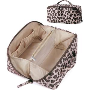 image:imageBAGSMART Travel Makeup Bag for Women Portable Waterresistant Cosmetic Case Puffy Padded Make Up Organizer Pouch Open Flat Toiletry Bag for Toiletries Brushes Pink13Leopard