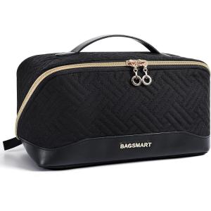 image:imageBAGSMART Travel Makeup Bag for Women Portable Waterresistant Cosmetic Case Puffy Padded Make Up Organizer Pouch Open Flat Toiletry Bag for Toiletries Brushes PinkBlack