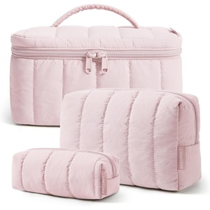 image:imageBAGSMART Travel Makeup Bag for Women 3 Pcs Puffy Padded Cosmetic Organizer Bag Large Toiletry Case and Small Purse Pouch for Gym Work Girls Baby Blue03Light Blush