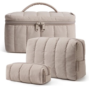 image:imageBAGSMART Travel Makeup Bag for Women 3 Pcs Puffy Padded Cosmetic Organizer Bag Large Toiletry Case and Small Purse Pouch for Gym Work Girls Baby Blue02Camel