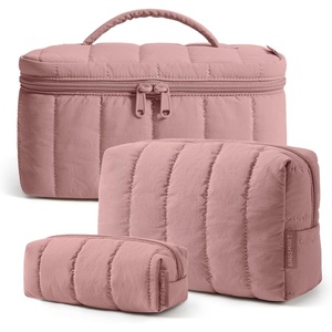 image:imageBAGSMART Travel Makeup Bag for Women 3 Pcs Puffy Padded Cosmetic Organizer Bag Large Toiletry Case and Small Purse Pouch for Gym Work Girls Baby Blue05Dusty Rose