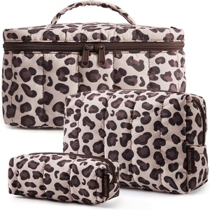 image:imageBAGSMART Travel Makeup Bag for Women 3 Pcs Puffy Padded Cosmetic Organizer Bag Large Toiletry Case and Small Purse Pouch for Gym Work Girls Baby Blue04Leopard Print