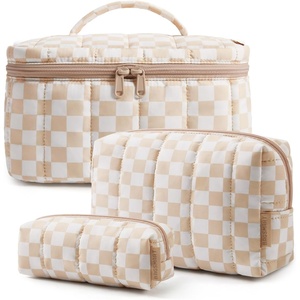 image:imageBAGSMART Travel Makeup Bag for Women 3 Pcs Puffy Padded Cosmetic Organizer Bag Large Toiletry Case and Small Purse Pouch for Gym Work Girls Baby Blue06Cream  White Check