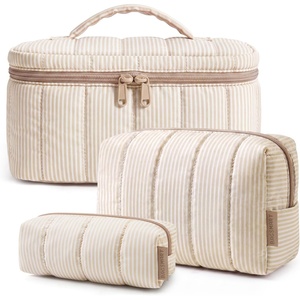 image:imageBAGSMART Travel Makeup Bag for Women 3 Pcs Puffy Padded Cosmetic Organizer Bag Large Toiletry Case and Small Purse Pouch for Gym Work Girls Baby Blue06Khaki Stripe