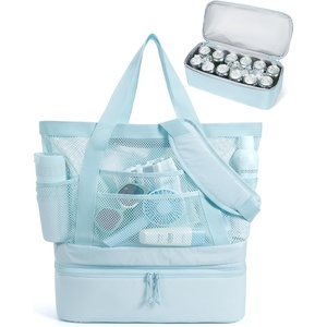image:imageBAGSMART Beach Bag for Women Mesh Tote Bags with Zipper Sandproof Vacation Essentials with Cooler for Swim Cruise PoolBlue