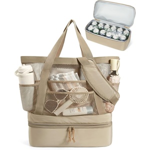 image:imageBAGSMART Beach Bag for Women Mesh Tote Bags with Zipper Sandproof Vacation Essentials with Cooler for Swim Cruise PoolCamel