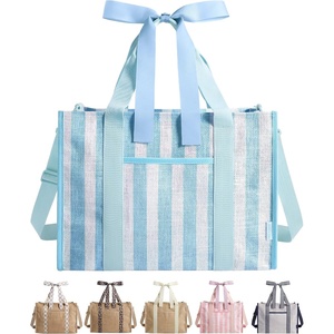 image:imageBAGSMART Custom DIY Beach Tote Bag for Women wMarkers Personalized Gift  Large Beach Tote Secure Top Zipper Waterproof Coated Heavy Duty Carryall AllinOne DIY Kit HandsFree CrossbodySea Blue Stripes