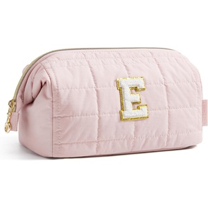 image:imageBAGSMART Makeup Bag Travel Toiletry Bag Puffy Padded Make Up Bags for Women Makeup Organizer Case Wideopen Pouch Purse Travel Essentials Toiletries Accessories Brushes Apricot Pink32Letter E