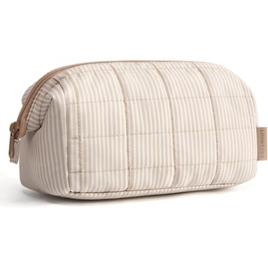 image:imageBAGSMART Makeup Bag Travel Toiletry Bag Puffy Padded Make Up Bags for Women Makeup Organizer Case Wideopen Pouch Purse Travel Essentials Toiletries Accessories Brushes Apricot Pink10Cream Striped