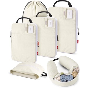image:imageBAGSMART 6 Set Compression Packing Cubes Travel Essentials with Neck Pillow  Premium taslan organizer bags for budget airline carryons luggage suitcases closets cruisesBeige