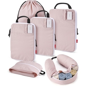image:imageBAGSMART 6 Set Compression Packing Cubes Travel Essentials with Neck Pillow  Premium taslan organizer bags for budget airline carryons luggage suitcases closets cruisesBaby Pink