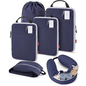 image:imageBAGSMART 6 Set Compression Packing Cubes Travel Essentials with Neck Pillow  Premium taslan organizer bags for budget airline carryons luggage suitcases closets cruisesNavy Blue