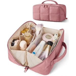image:imageBAGSMART FlatOpen Makeup Bag Travel Cosmetic Organizer Bag for Women  Opens flat to easy access stays organized Lightweight waterresistant with dual zippers For travel home or daily useDark Pink