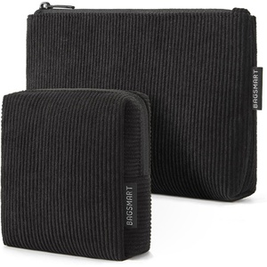 image:imageBAGSMART Small Corduroy Makeup Bag Cosmetic Pouch for Women with Pocket  For Purse Toiletry Pouch Soft Mini Cosmetics Bag Travel Essentials Cute Make Up Pouch with Slipin Pocket02Black Set