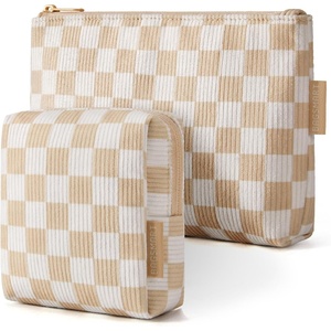 image:imageBAGSMART Small Corduroy Makeup Bag Cosmetic Pouch for Women with Pocket  For Purse Toiletry Pouch Soft Mini Cosmetics Bag Travel Essentials Cute Make Up Pouch with Slipin Pocket02Khaki Checkered Print Set
