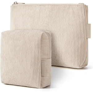 image:imageBAGSMART Small Corduroy Makeup Bag Cosmetic Pouch for Women with Pocket  For Purse Toiletry Pouch Soft Mini Cosmetics Bag Travel Essentials Cute Make Up Pouch with Slipin Pocket02Brown Set