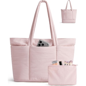image:imageBAGSMART Puffer Tote Bag for Women Expandable Teacher Handbag wPouchCandy Pink
