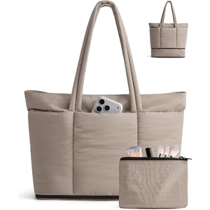 image:imageBAGSMART Puffer Tote Bag for Women Expandable Teacher Handbag wPouchLatte Brown